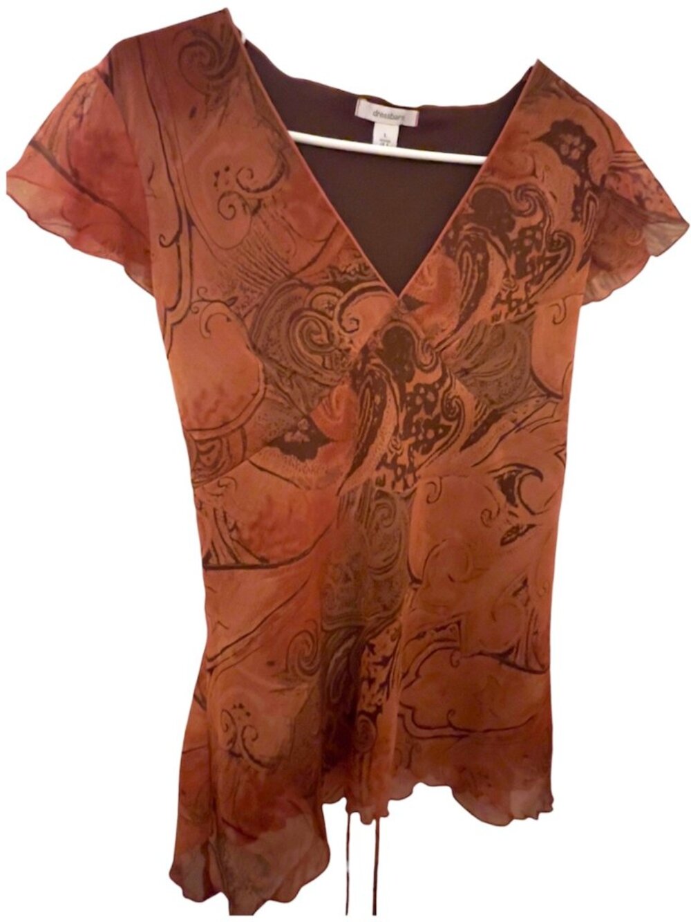 Dressbarn Y2K Terracotta Orange Paisley Sheer Overlay Blouse